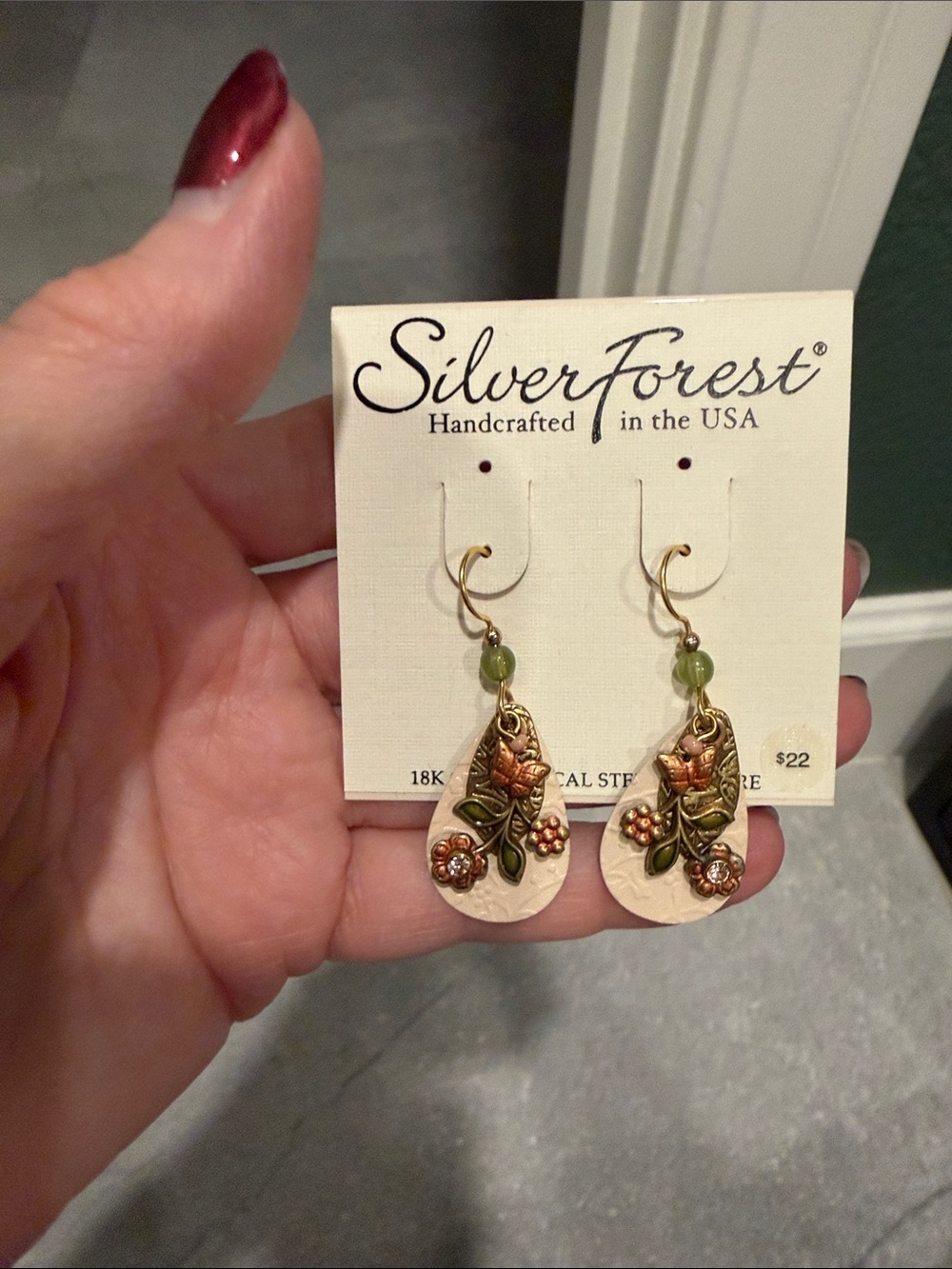 Silver Forest Green and Gold Floral Drop Earrings